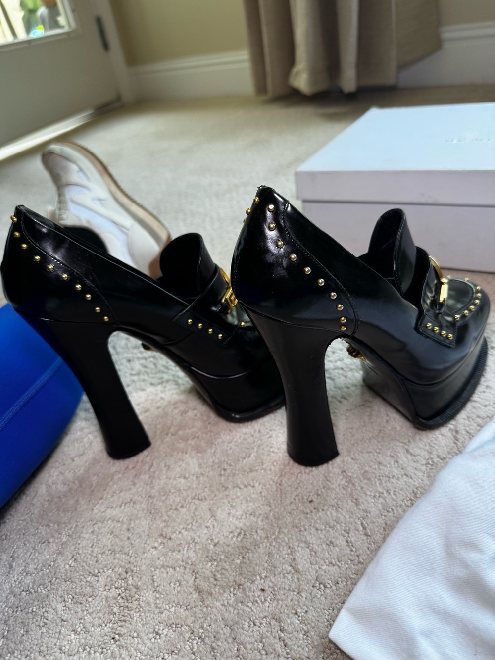 Versace Black Platform Gold Studded Loafer Platform Heels with Medallion - Picture 5 of 10